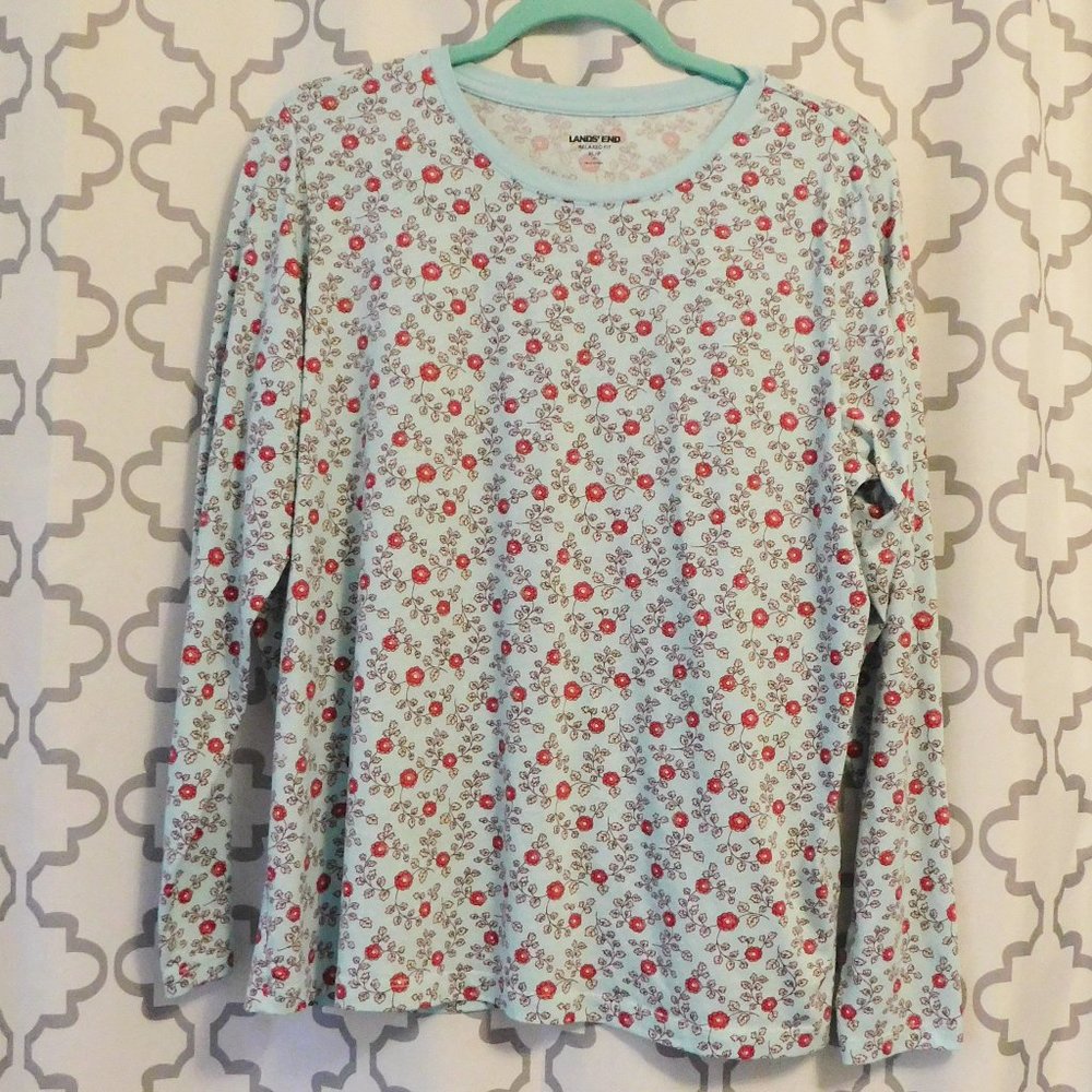 Lands' End Light Blue Floral Long Sleeve Tee